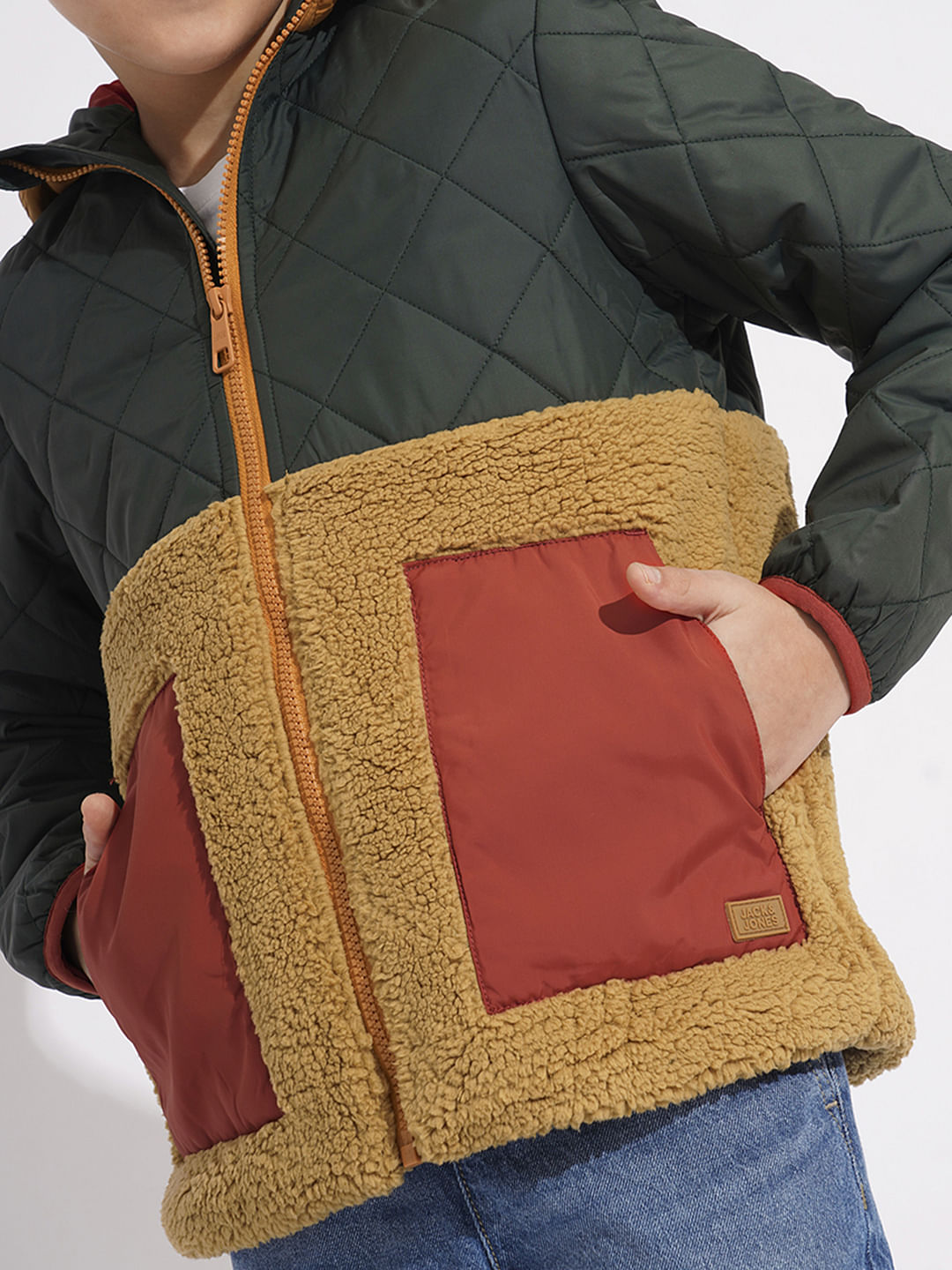 Boys Green Colourblocked Hooded Jacket