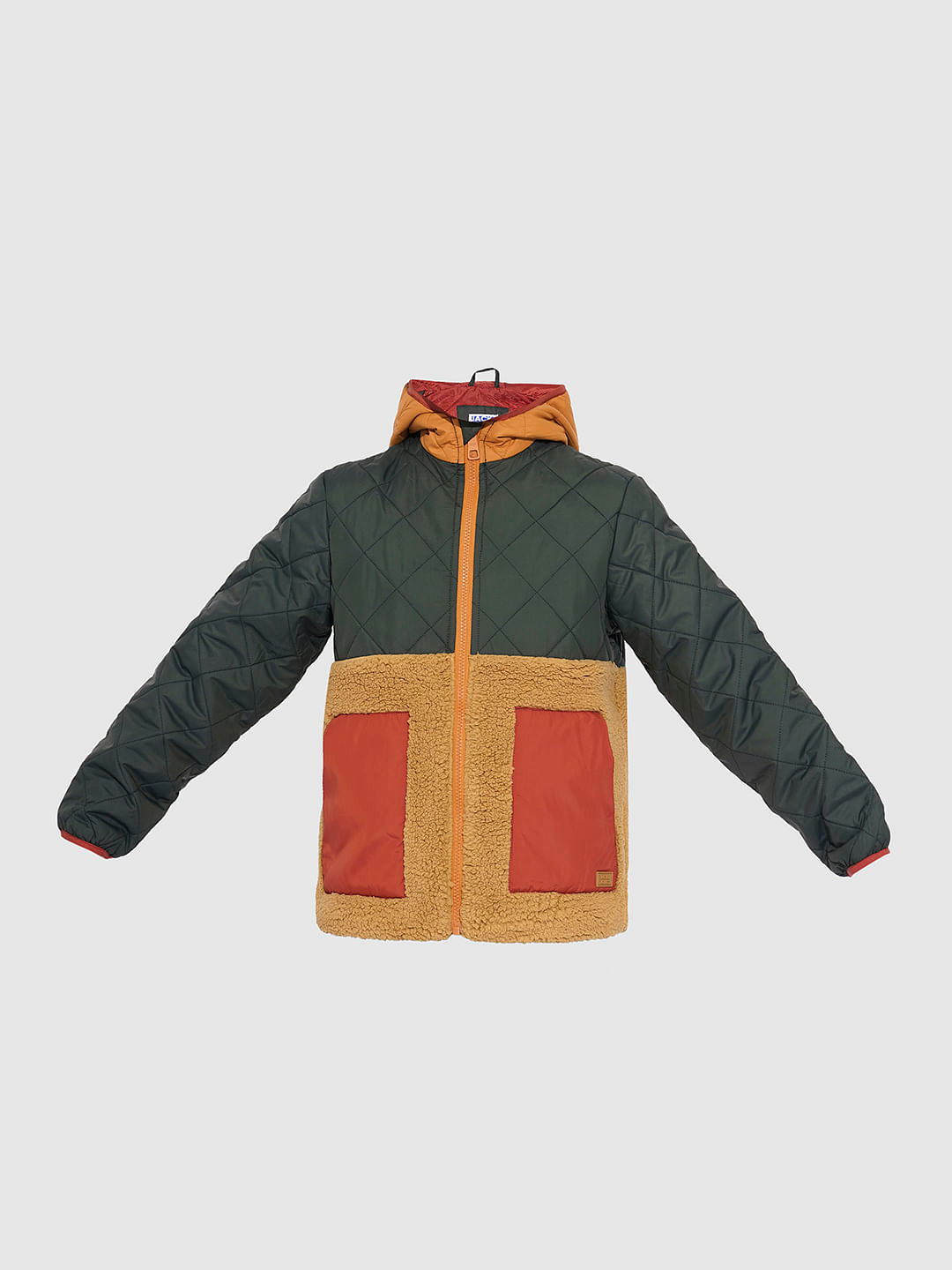 Boys Green Colourblocked Hooded Jacket