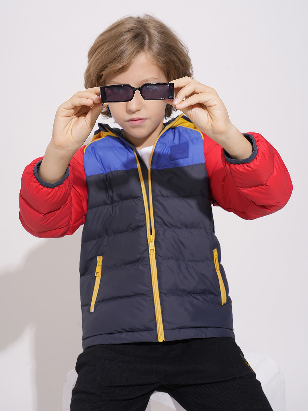 Boys Red Colourblocked Puffer Jacket