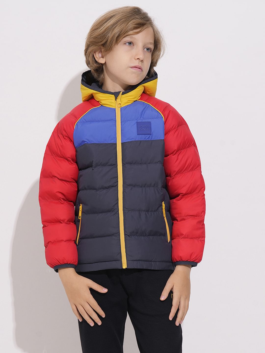 Boys Red Colourblocked Puffer Jacket