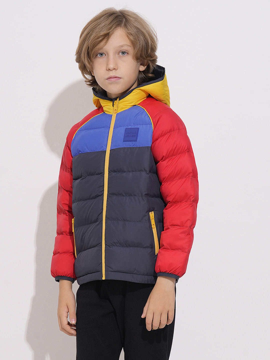 Boys Red Colourblocked Puffer Jacket