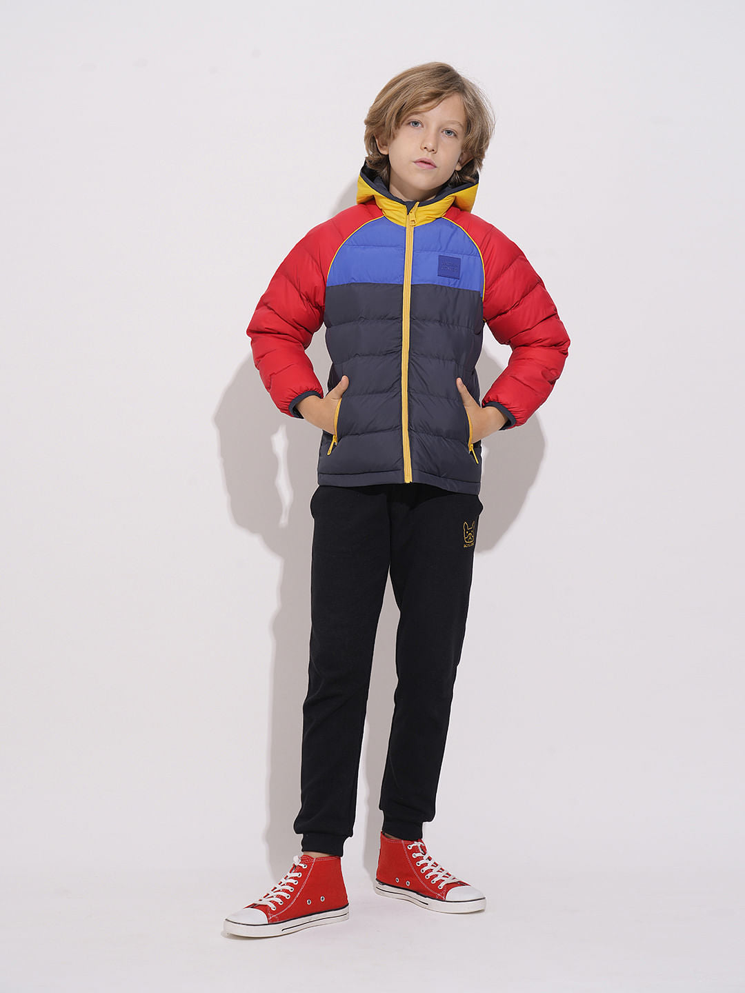 Boys Red Colourblocked Puffer Jacket