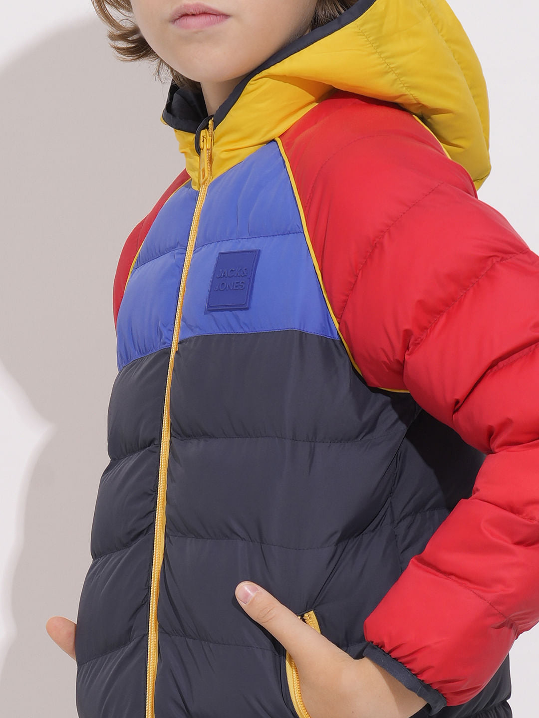 Boys Red Colourblocked Puffer Jacket