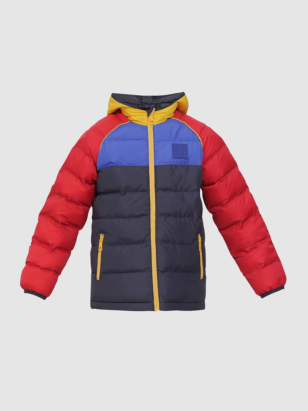 Boys Red Colourblocked Puffer Jacket
