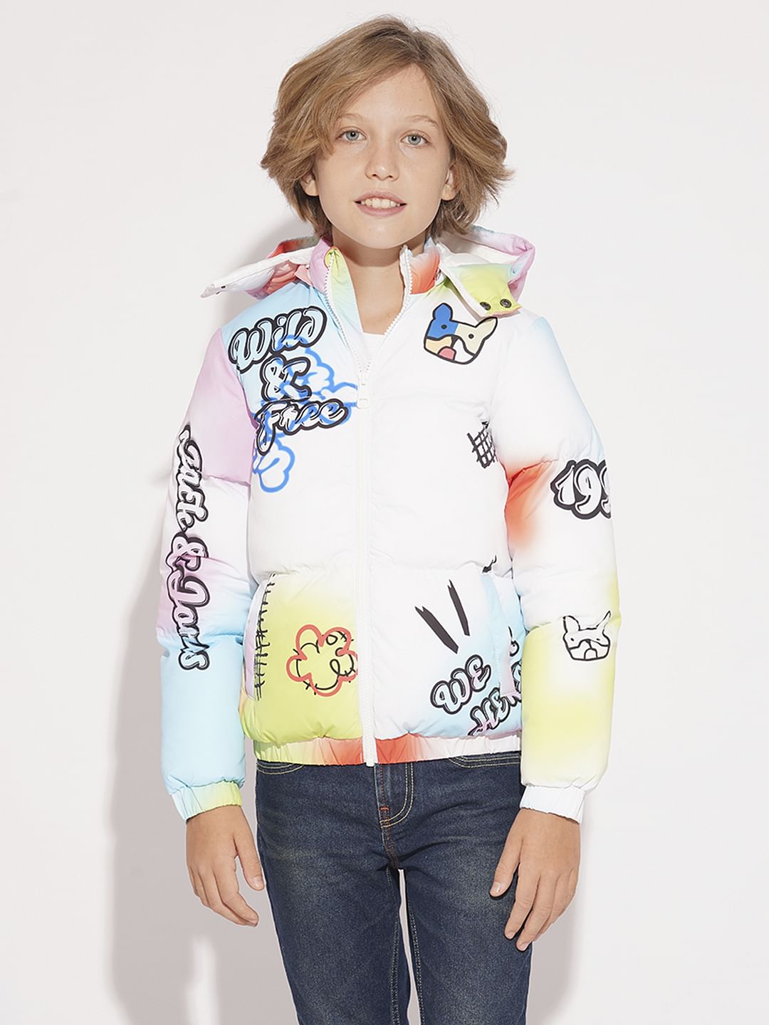 Boys White Printed Hooded Puffer Jacket
