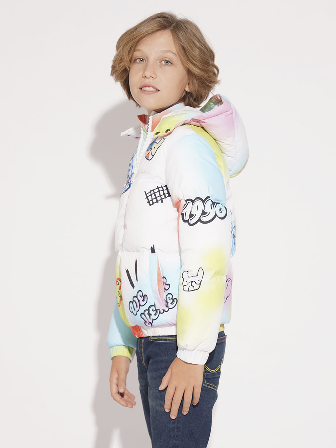 Boys White Printed Hooded Puffer Jacket