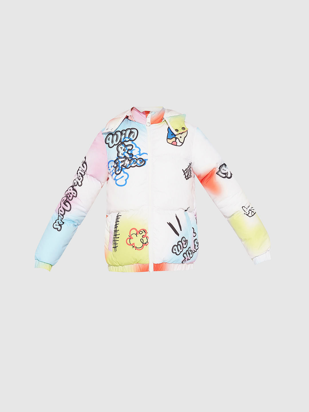Boys White Printed Hooded Puffer Jacket