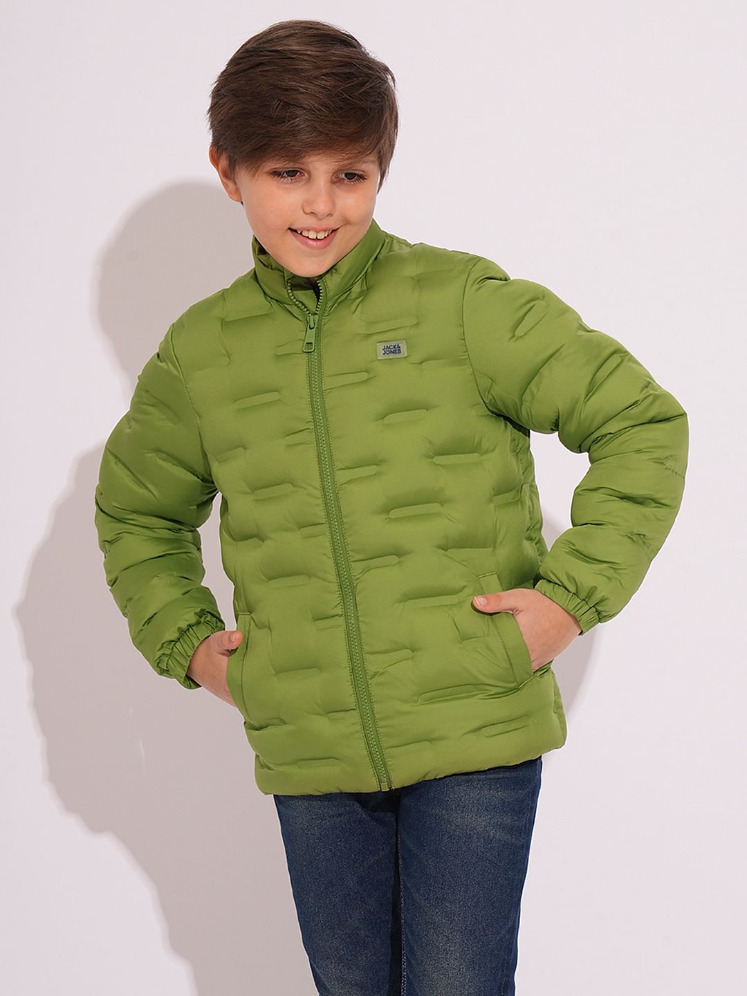 Boys Green High Neck Puffer Jacket