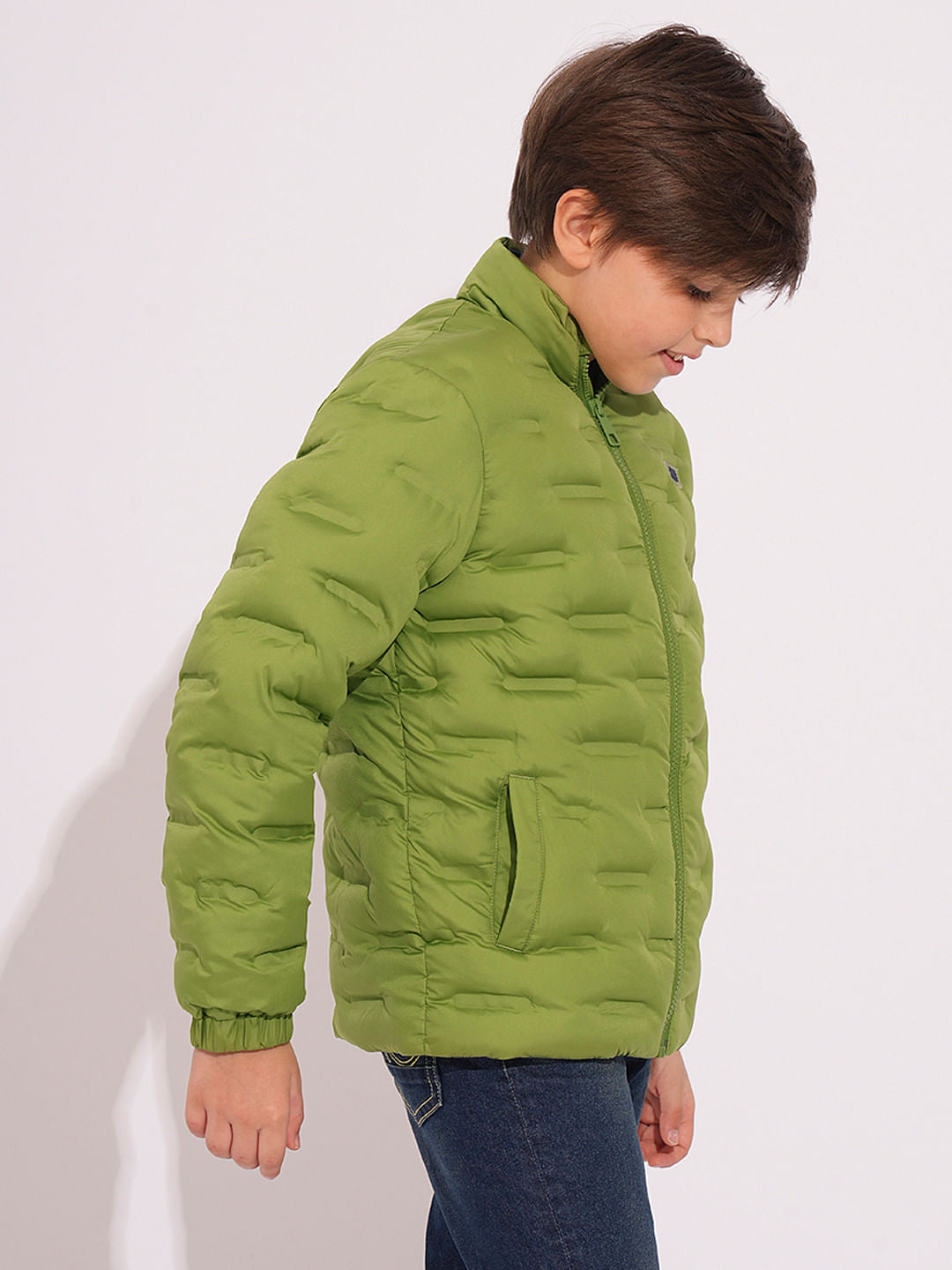 Boys Green High Neck Puffer Jacket