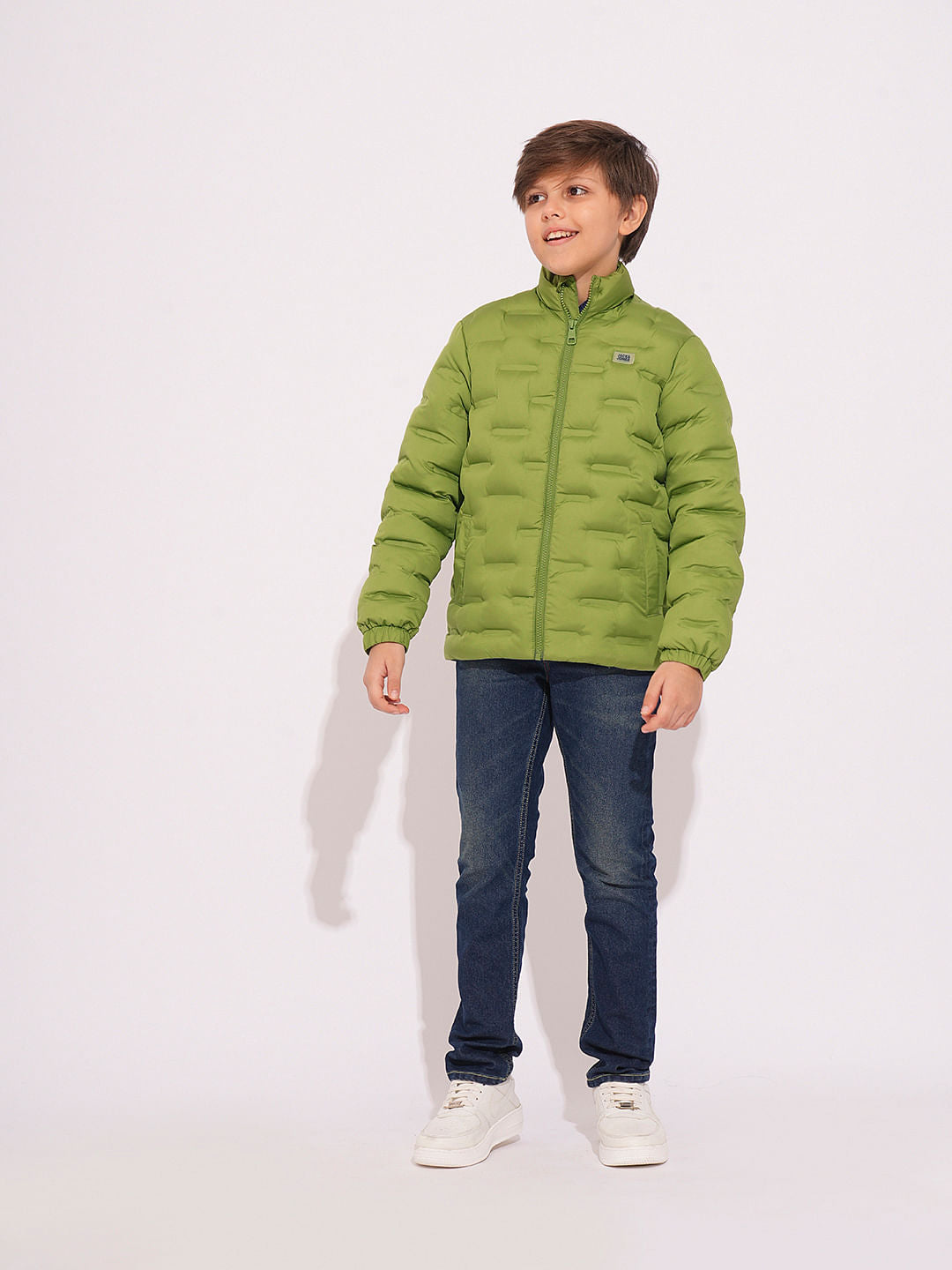 Boys Green High Neck Puffer Jacket