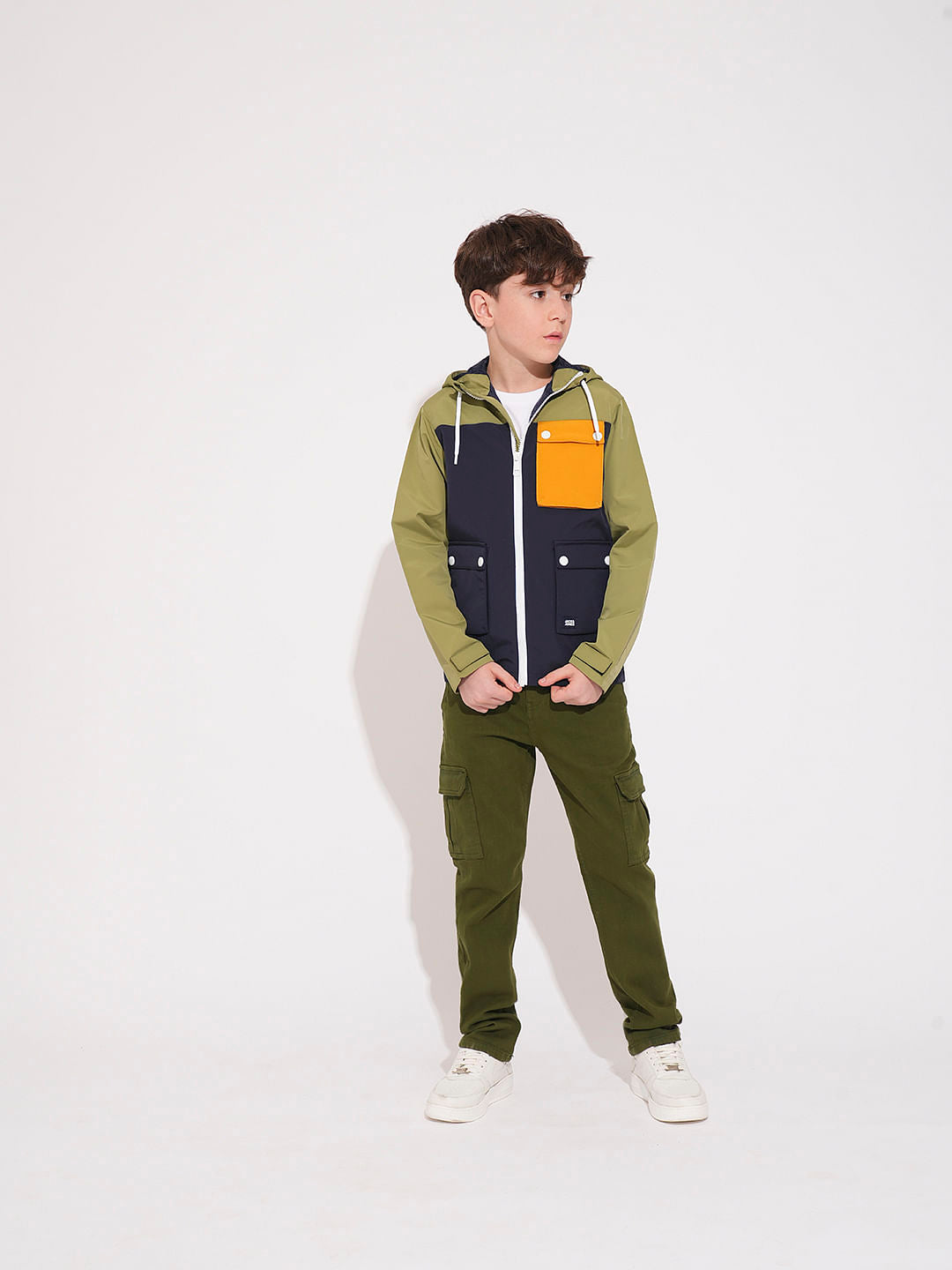 Boys Green Colourblocked Hooded Windcheater