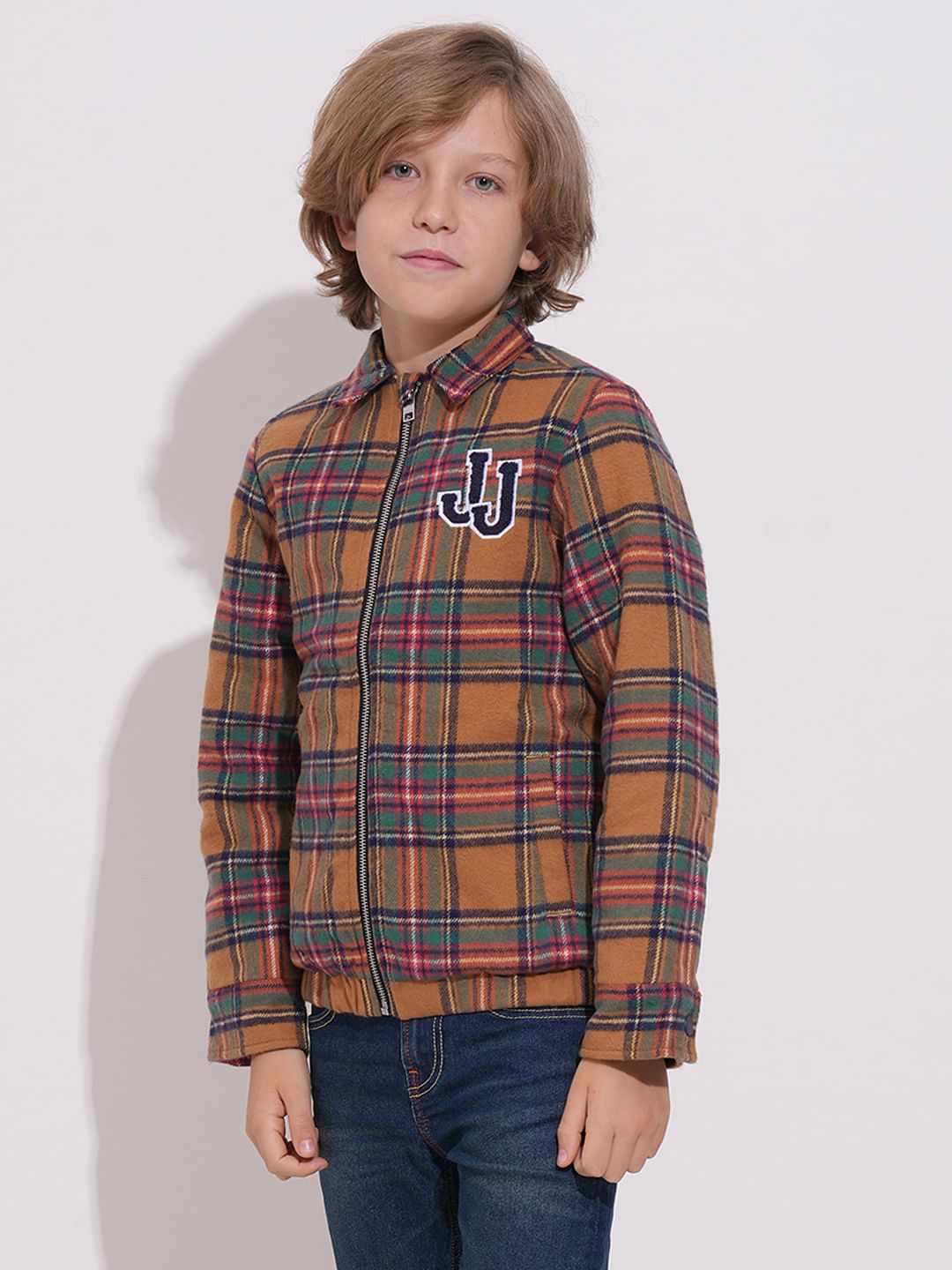 Boys Brown Check Zip-Up Jacket