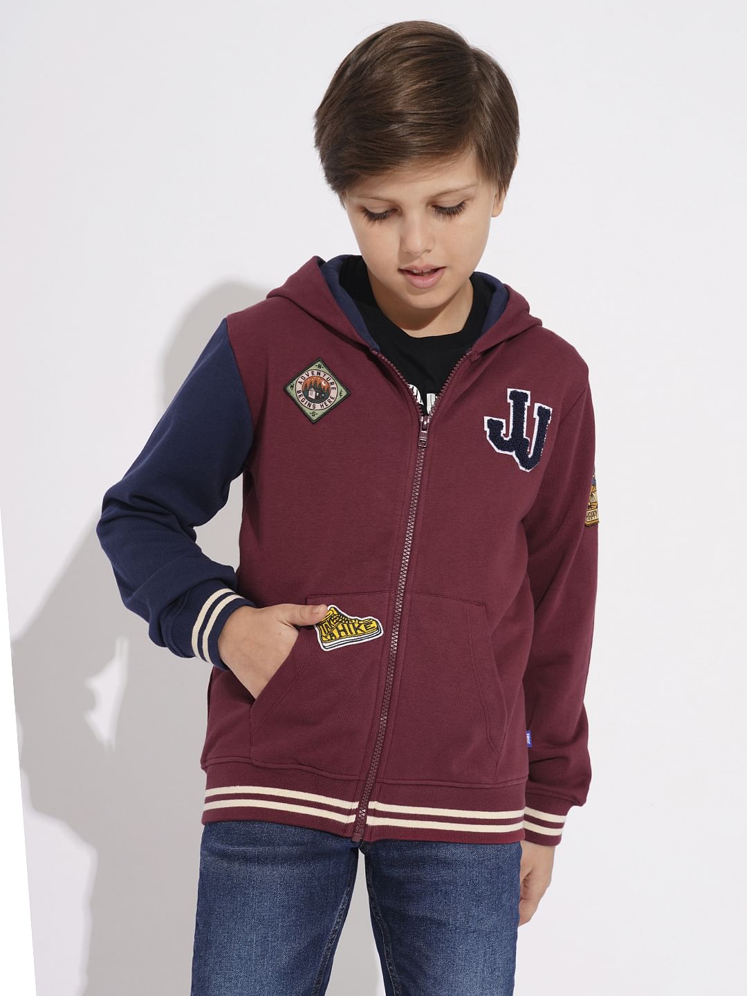 BOYS Maroon Printed Zip-Up Sweatshirt