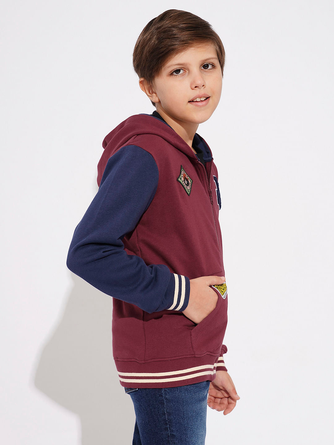 BOYS Maroon Printed Zip-Up Sweatshirt