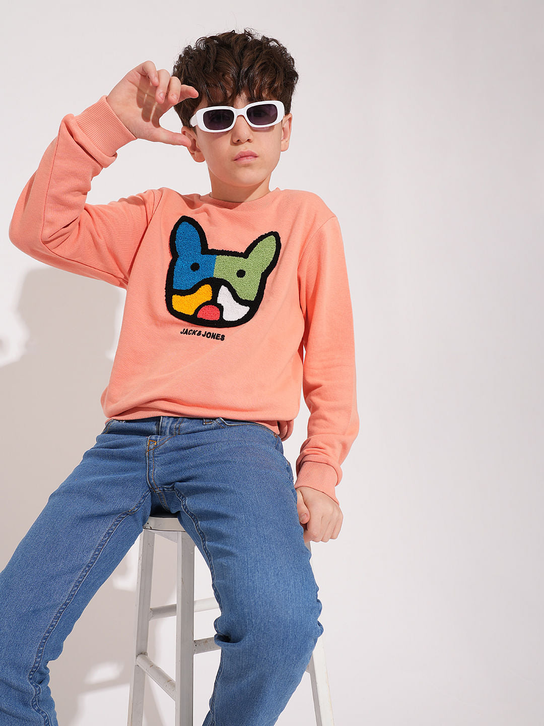 Boys Peach Applique Dog Print Sweatshirt