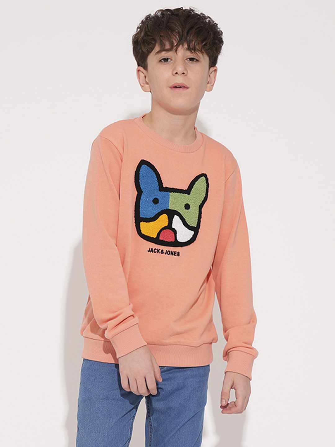 Boys Peach Applique Dog Print Sweatshirt