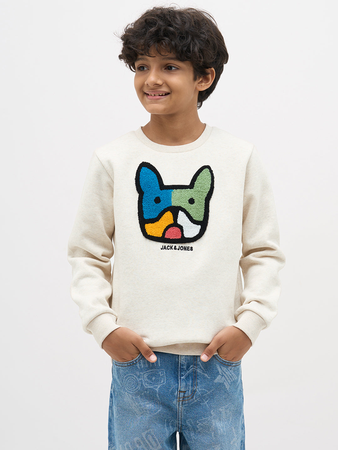 Boys Cotton Off White Crew Neck Sweatshirt With Dog Embroidery