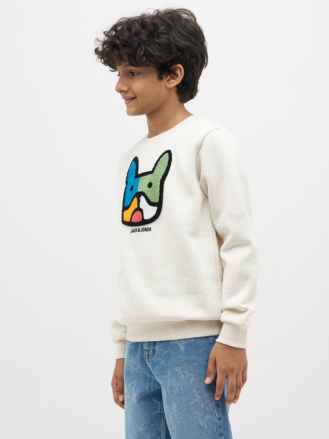 Boys Cotton Off White Crew Neck Sweatshirt With Dog Embroidery