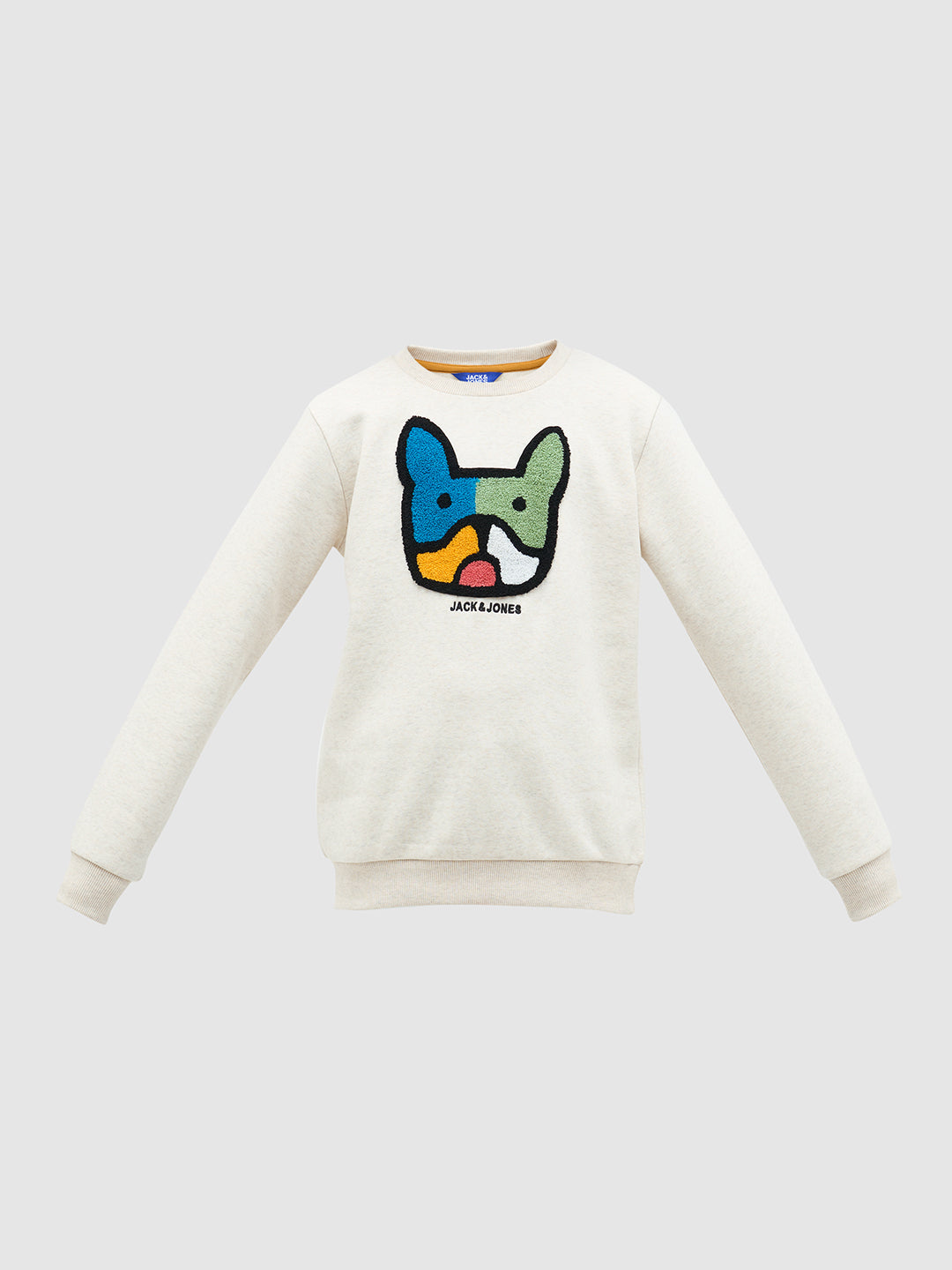 Boys Cotton Off White Crew Neck Sweatshirt With Dog Embroidery