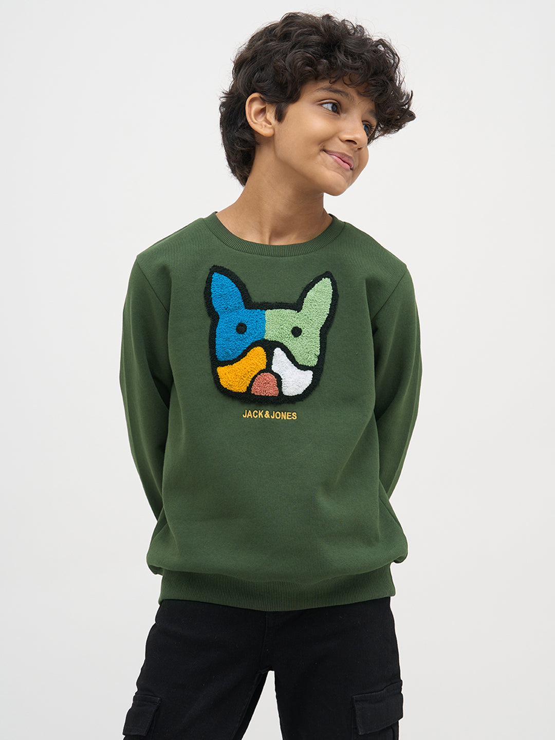 Boys Green Cotton Embroidered Crew Neck Sweatshirt