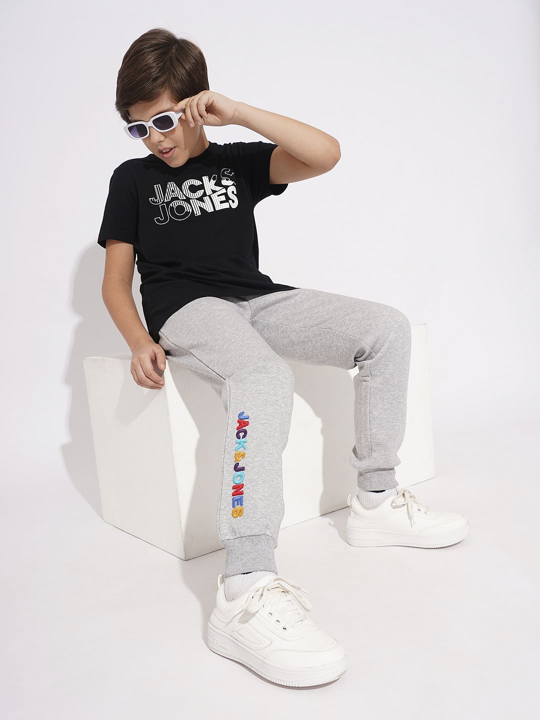Boys Grey Embroidered Text Sweatpants