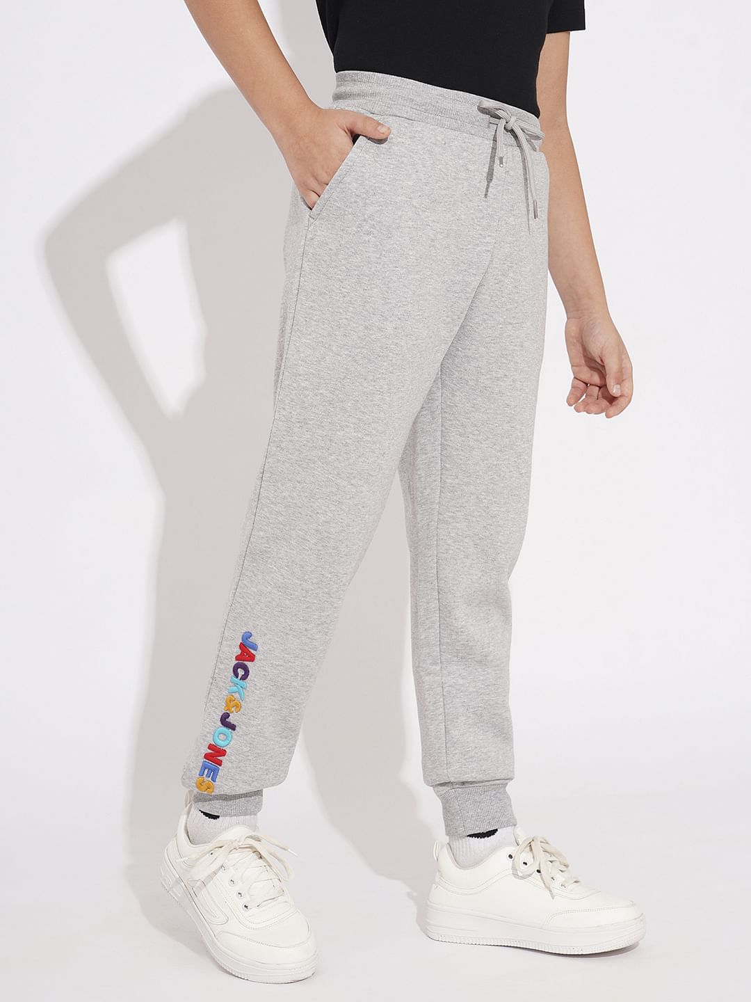 Boys Grey Embroidered Text Sweatpants