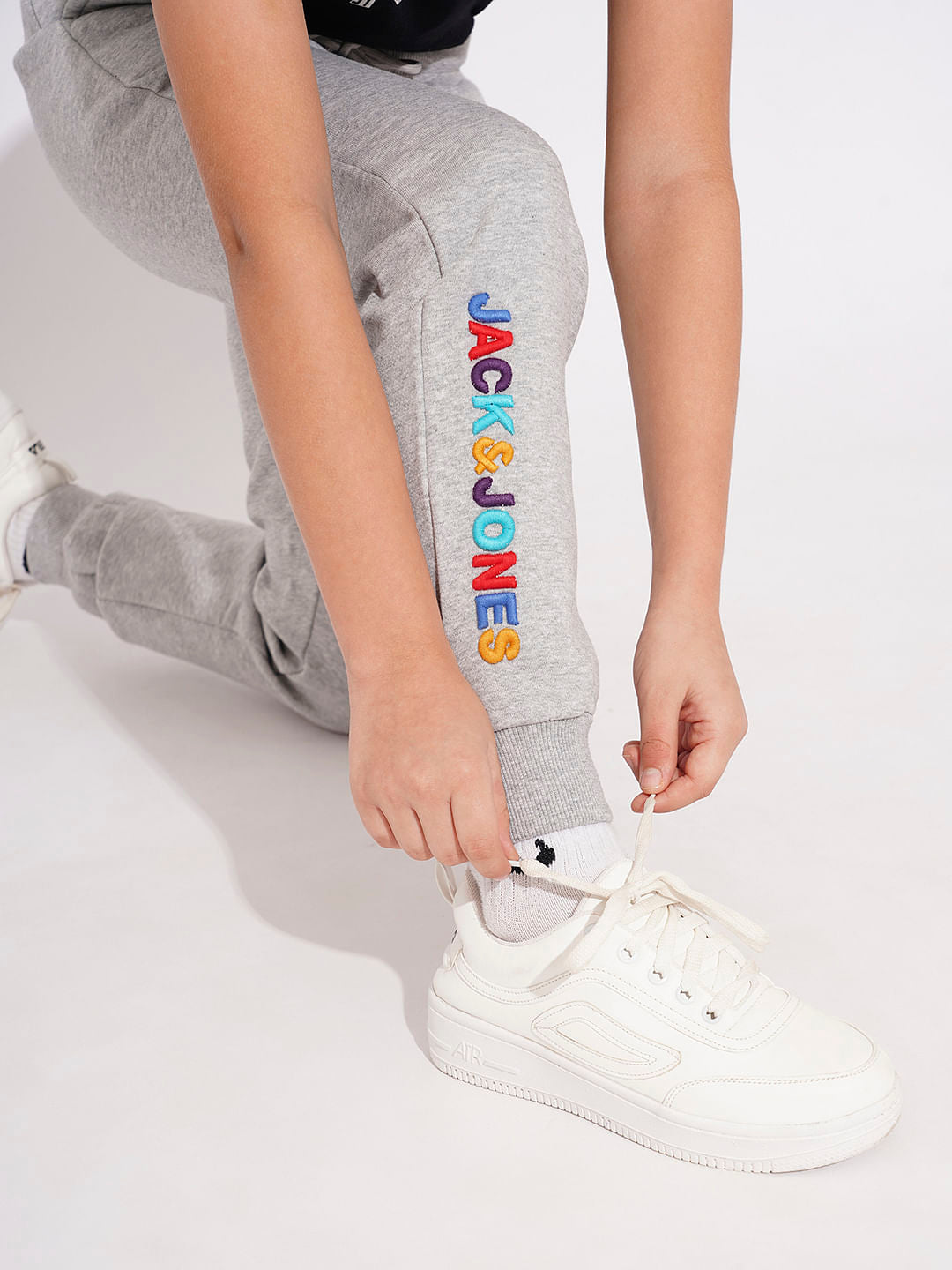 Boys Grey Embroidered Text Sweatpants