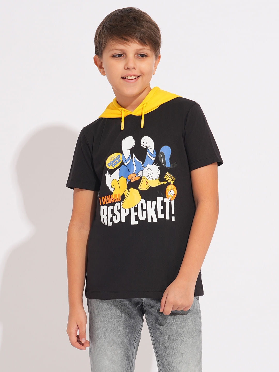 DONALD DUCK Black Printed Hooded T-shirt