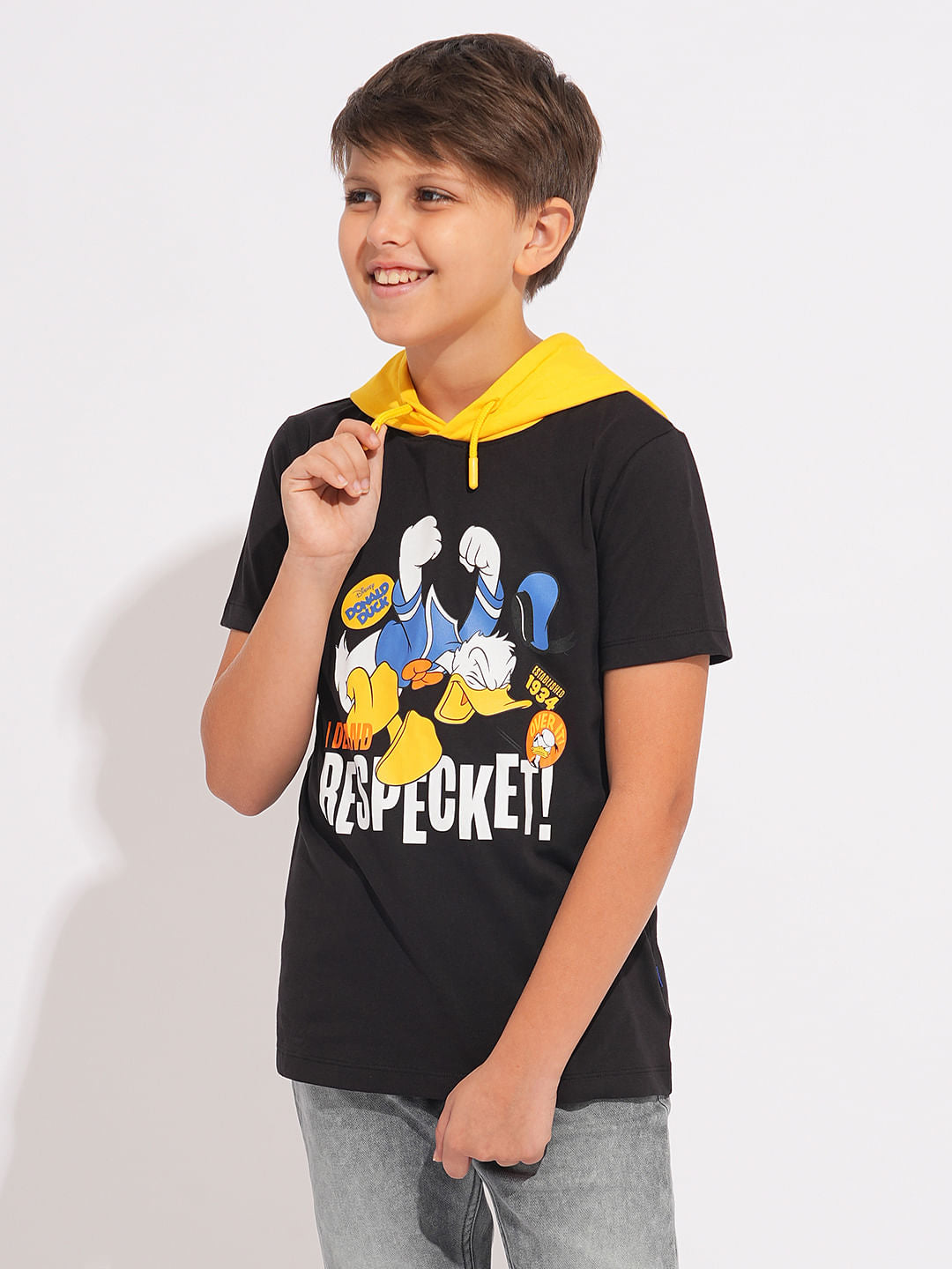 DONALD DUCK Black Printed Hooded T-shirt