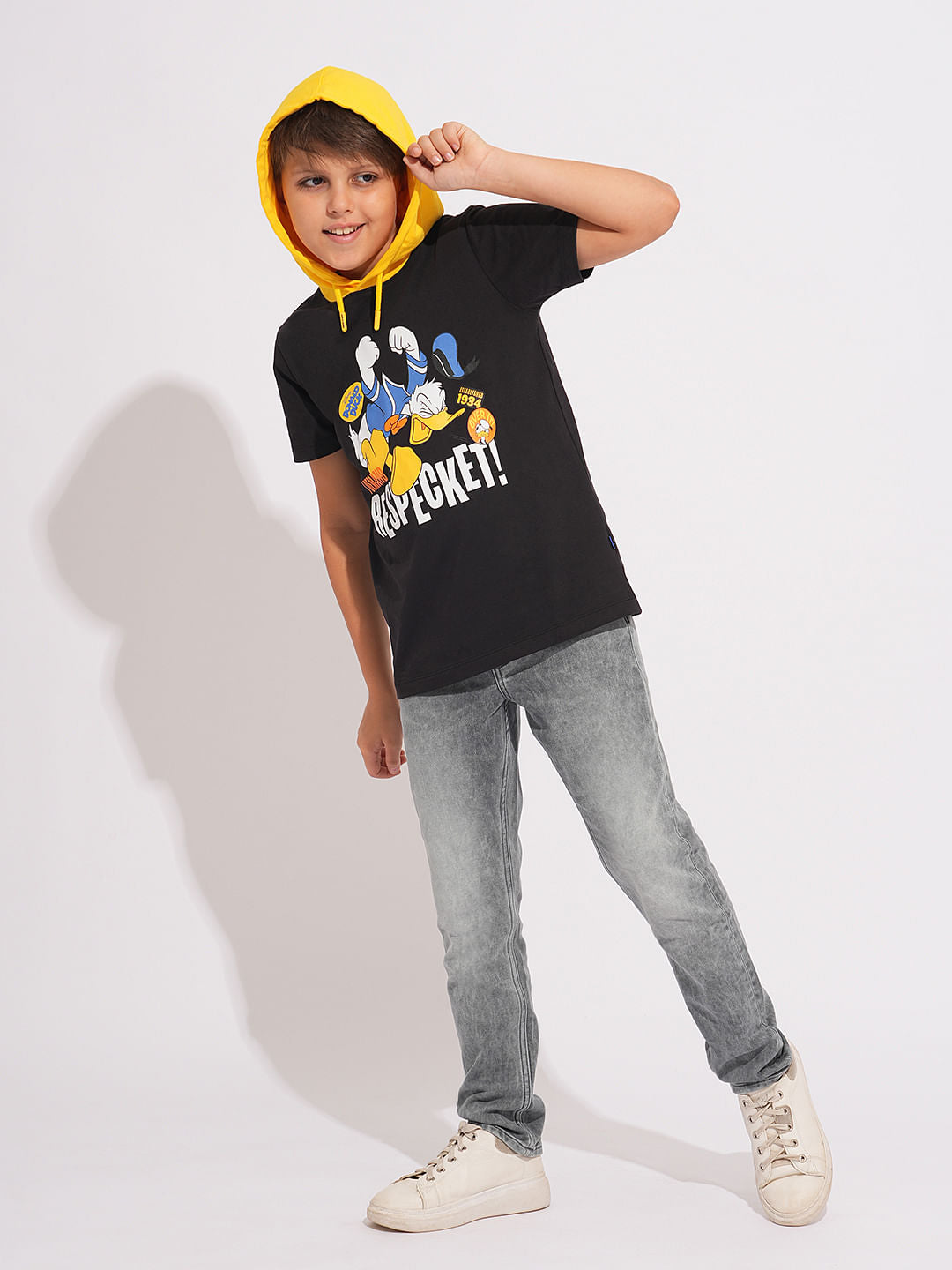 DONALD DUCK Black Printed Hooded T-shirt