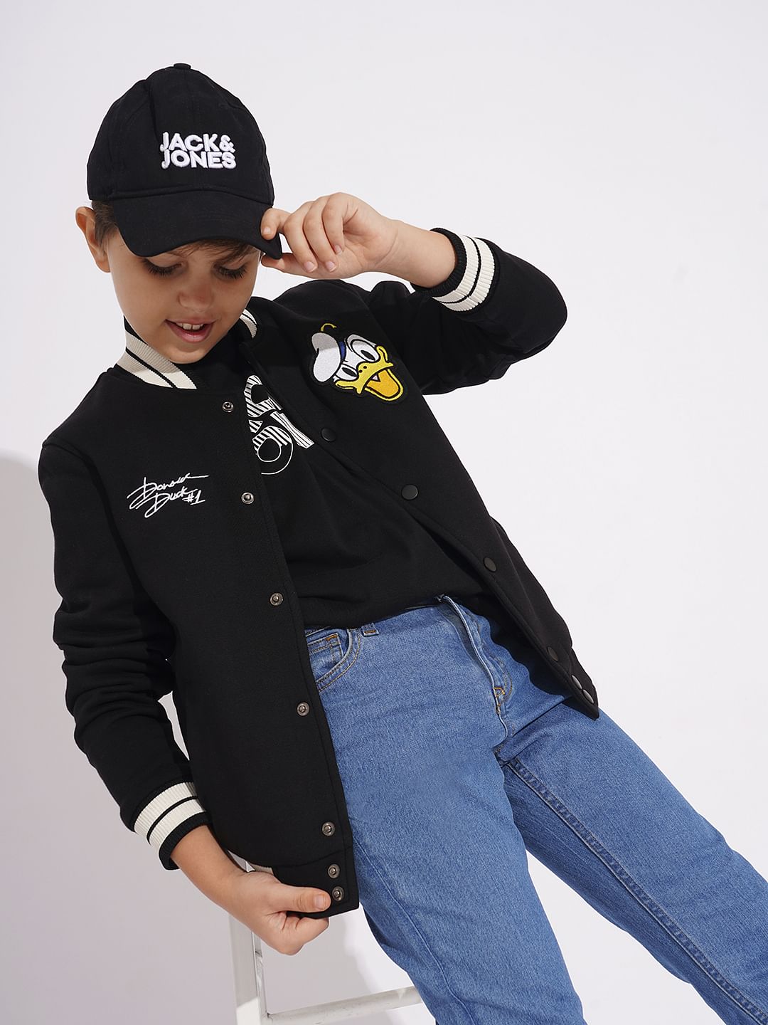 DONALD DUCK Black Printed Baseball Jacket