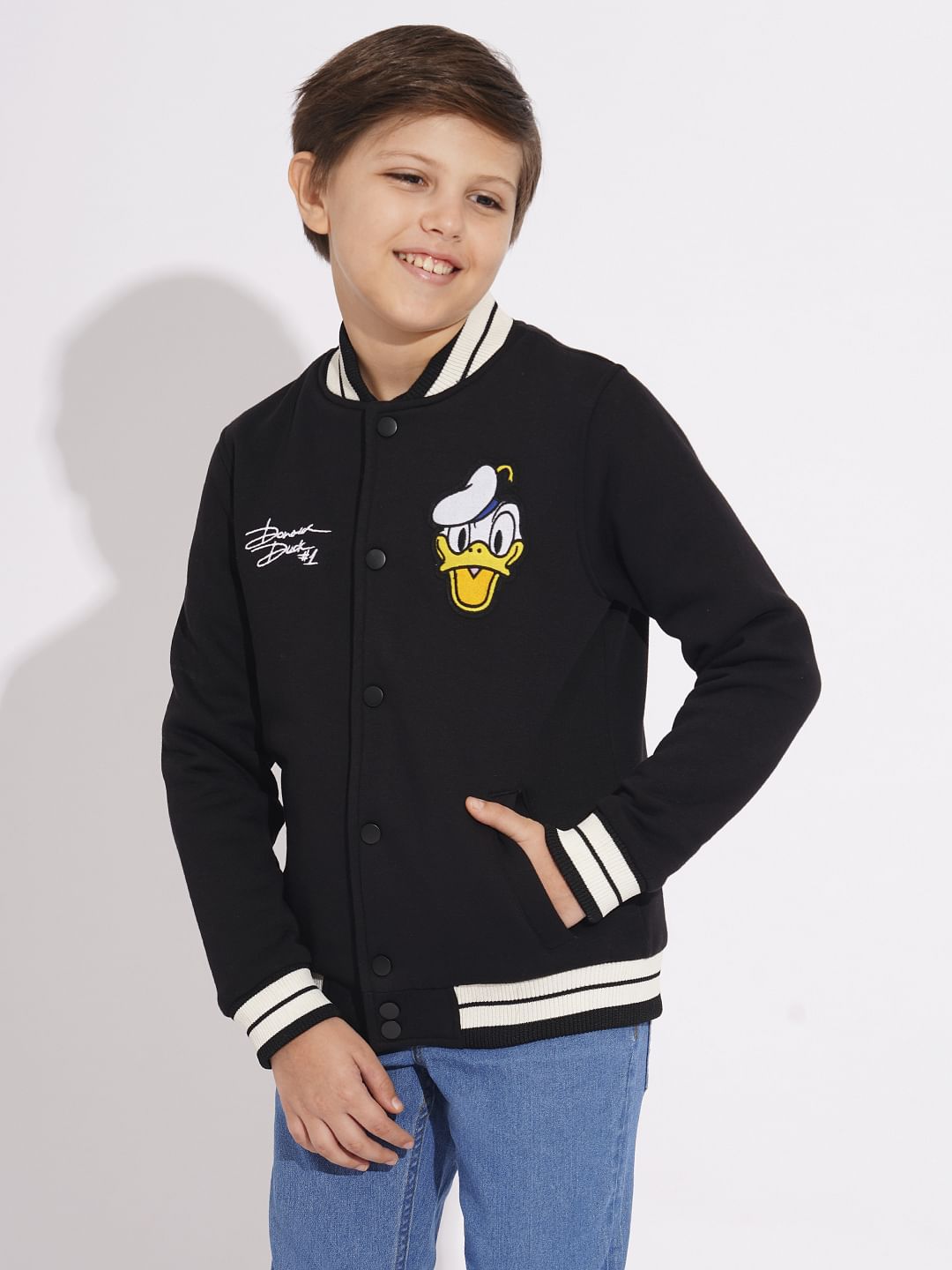 DONALD DUCK Black Printed Baseball Jacket