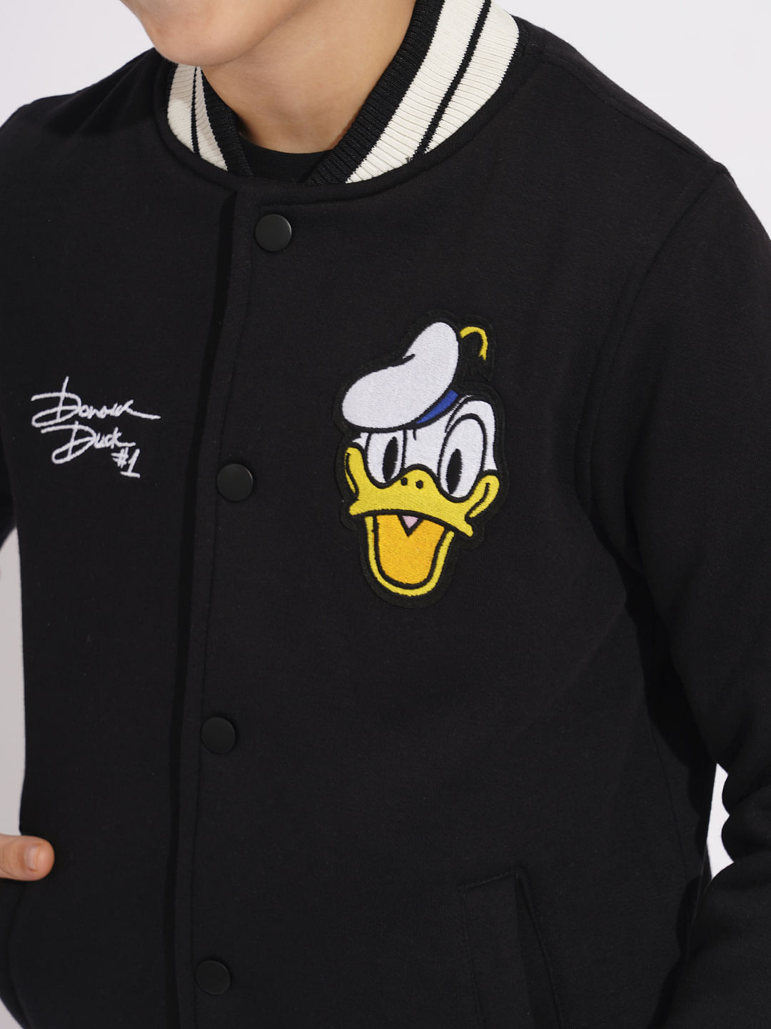 DONALD DUCK Black Printed Baseball Jacket