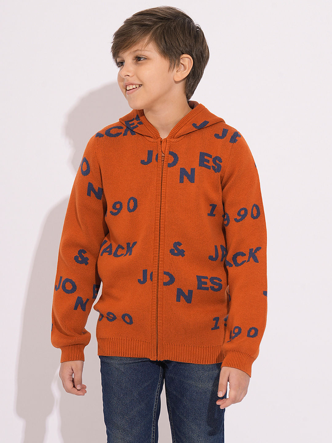 Boys Orange Knitted Hooded Sweater