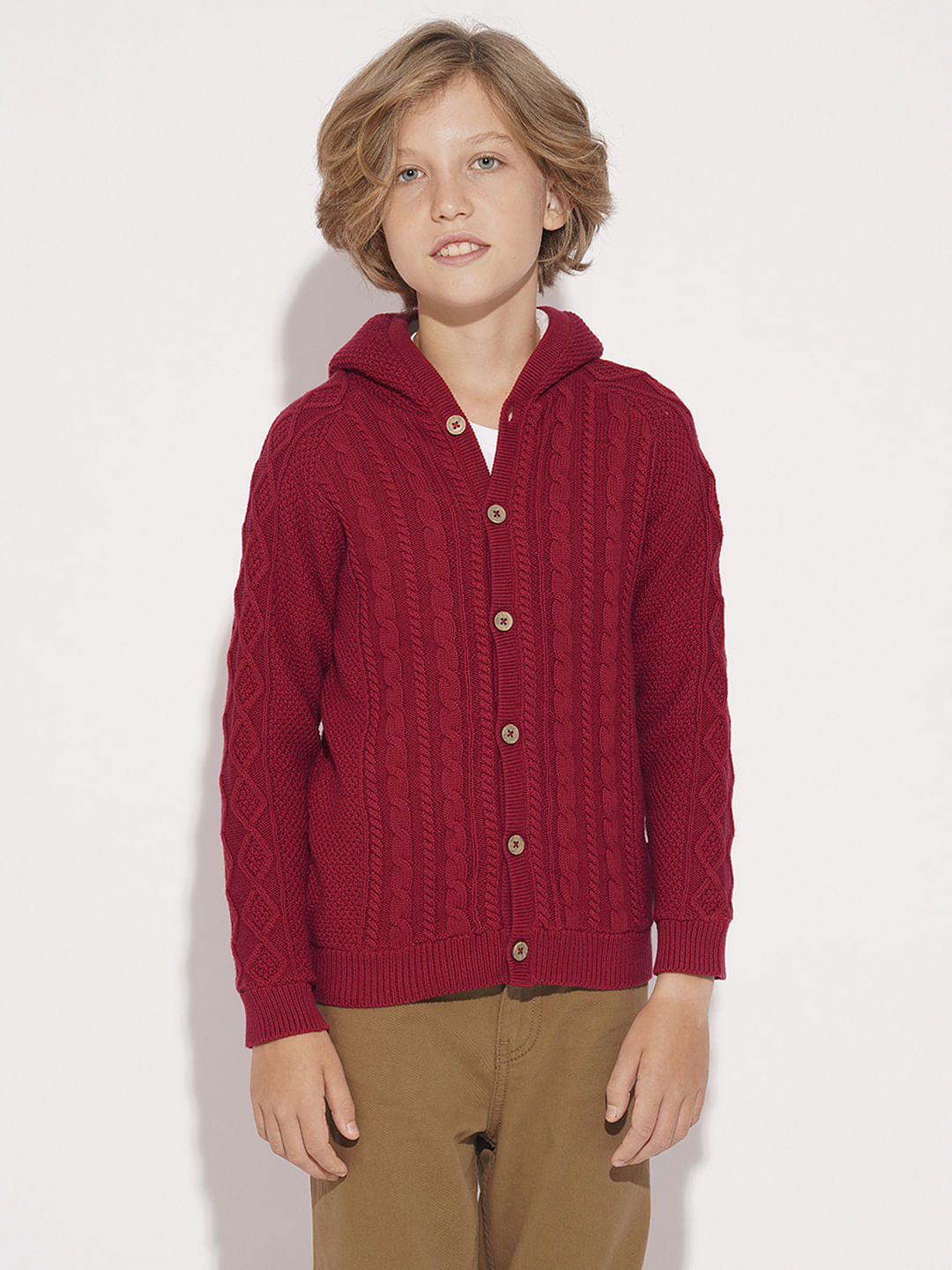 Boys Red Cable Knit Hooded Sweater
