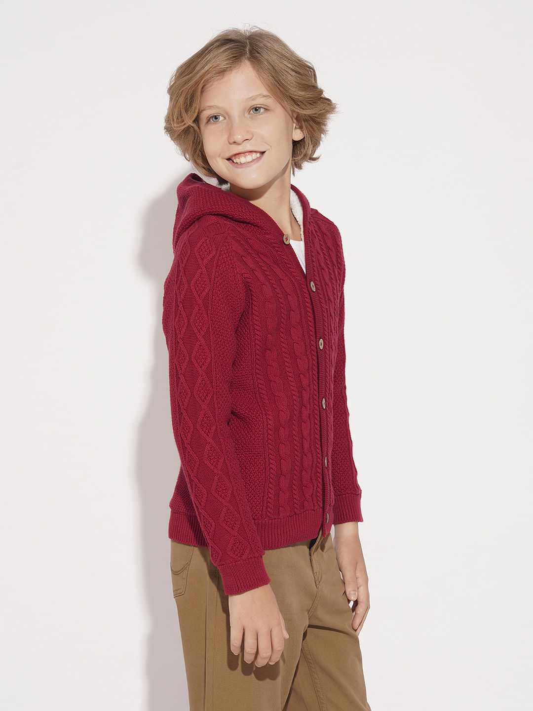 Boys Red Cable Knit Hooded Sweater