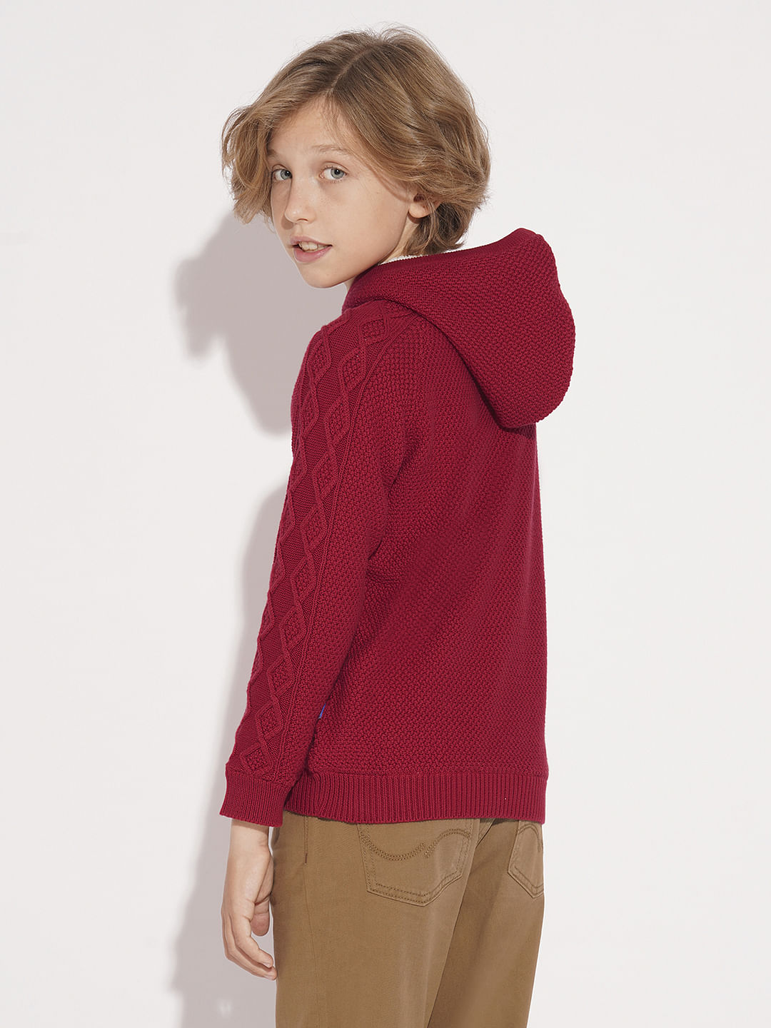 Boys Red Cable Knit Hooded Sweater