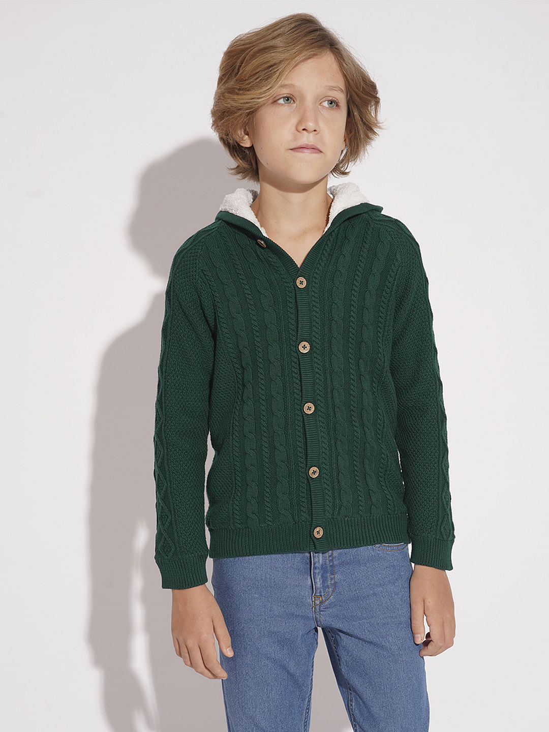 Boys Dark Green Cable Knit Hooded Sweater