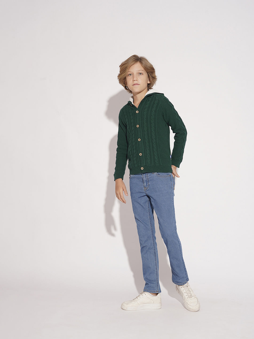 Boys Dark Green Cable Knit Hooded Sweater