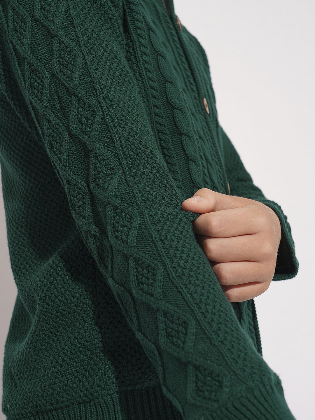 Boys Dark Green Cable Knit Hooded Sweater
