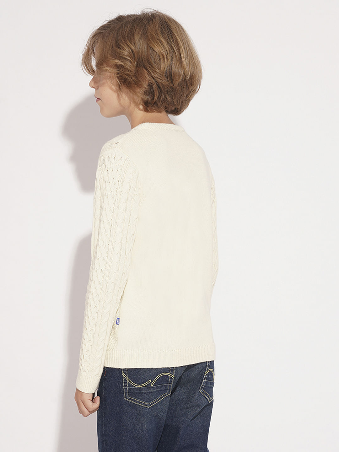 Boys Beige Knitted Printed Sweater