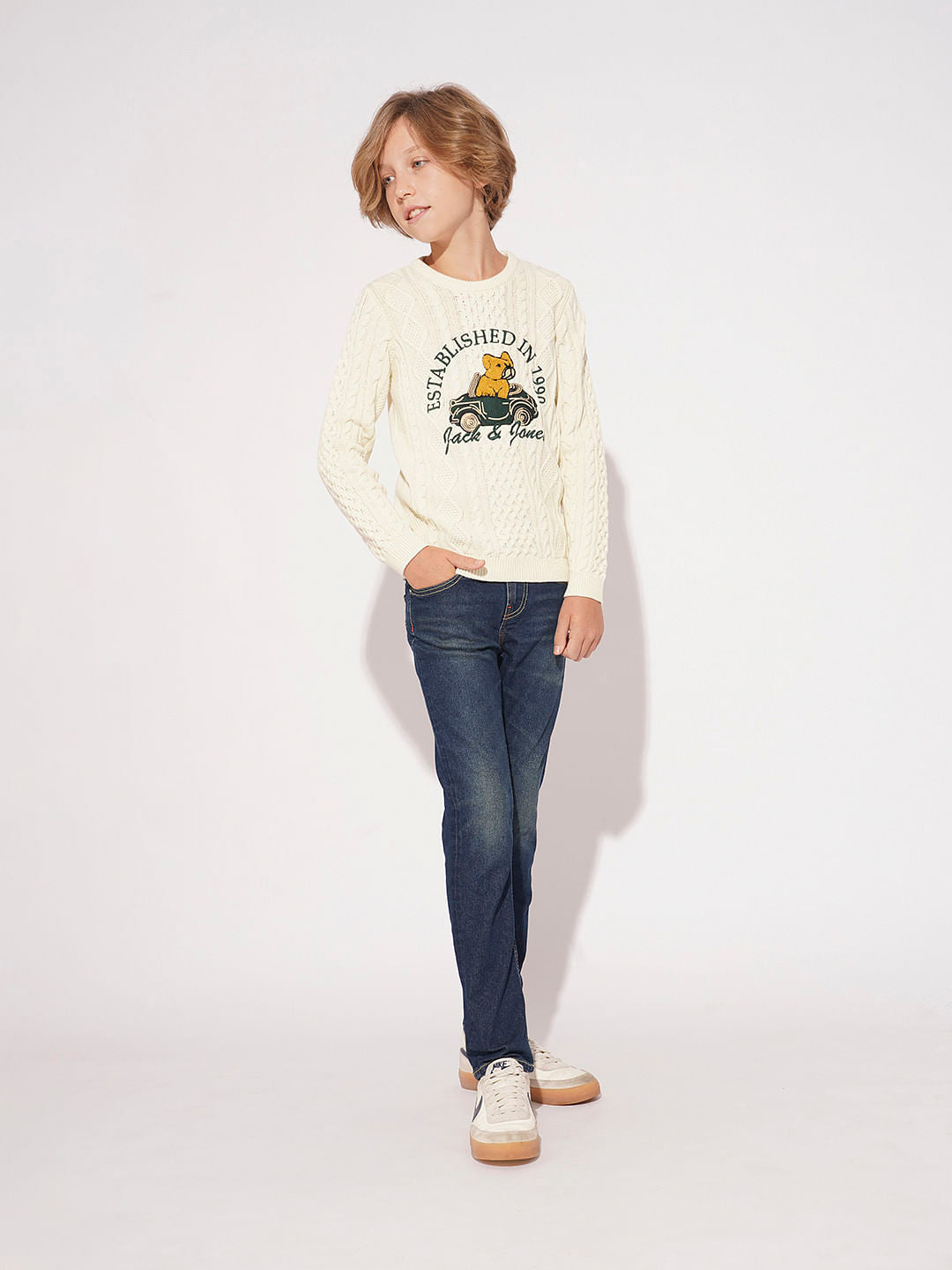 Boys Beige Knitted Printed Sweater