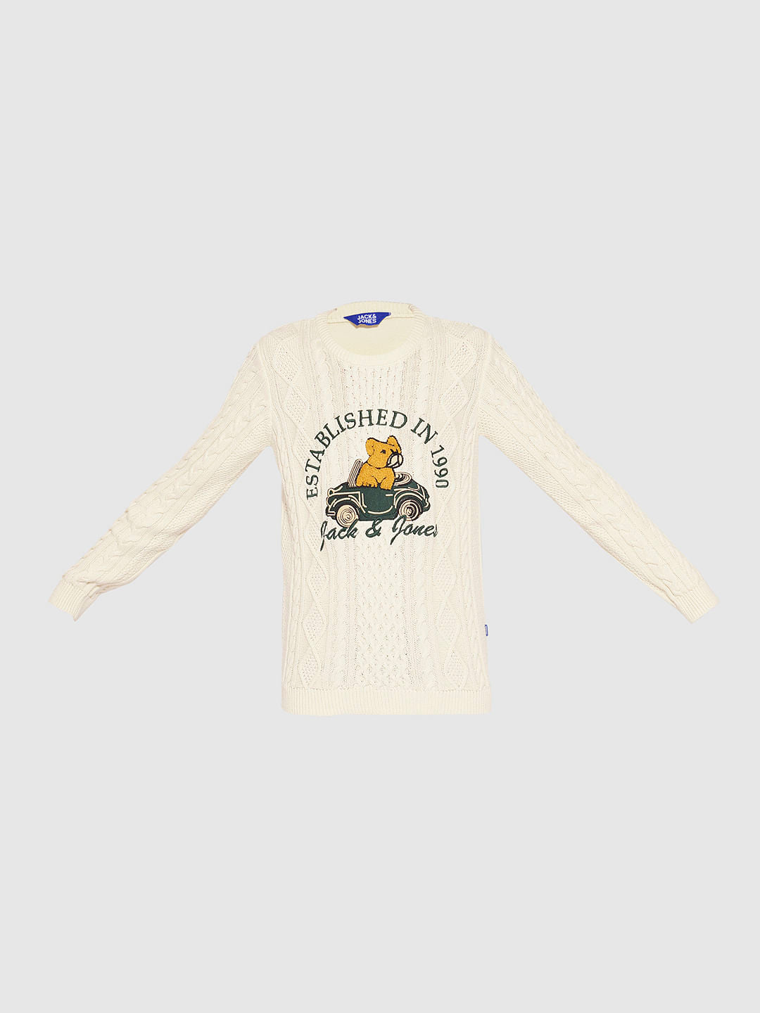 Boys Beige Knitted Printed Sweater