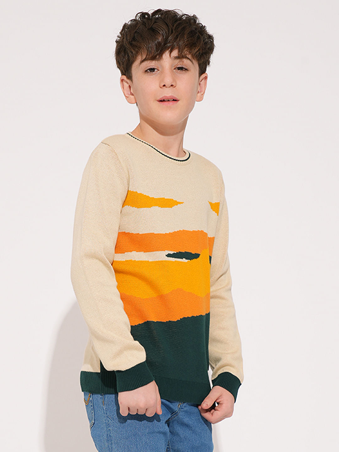 Boys Beige Printed Knitted Pullover