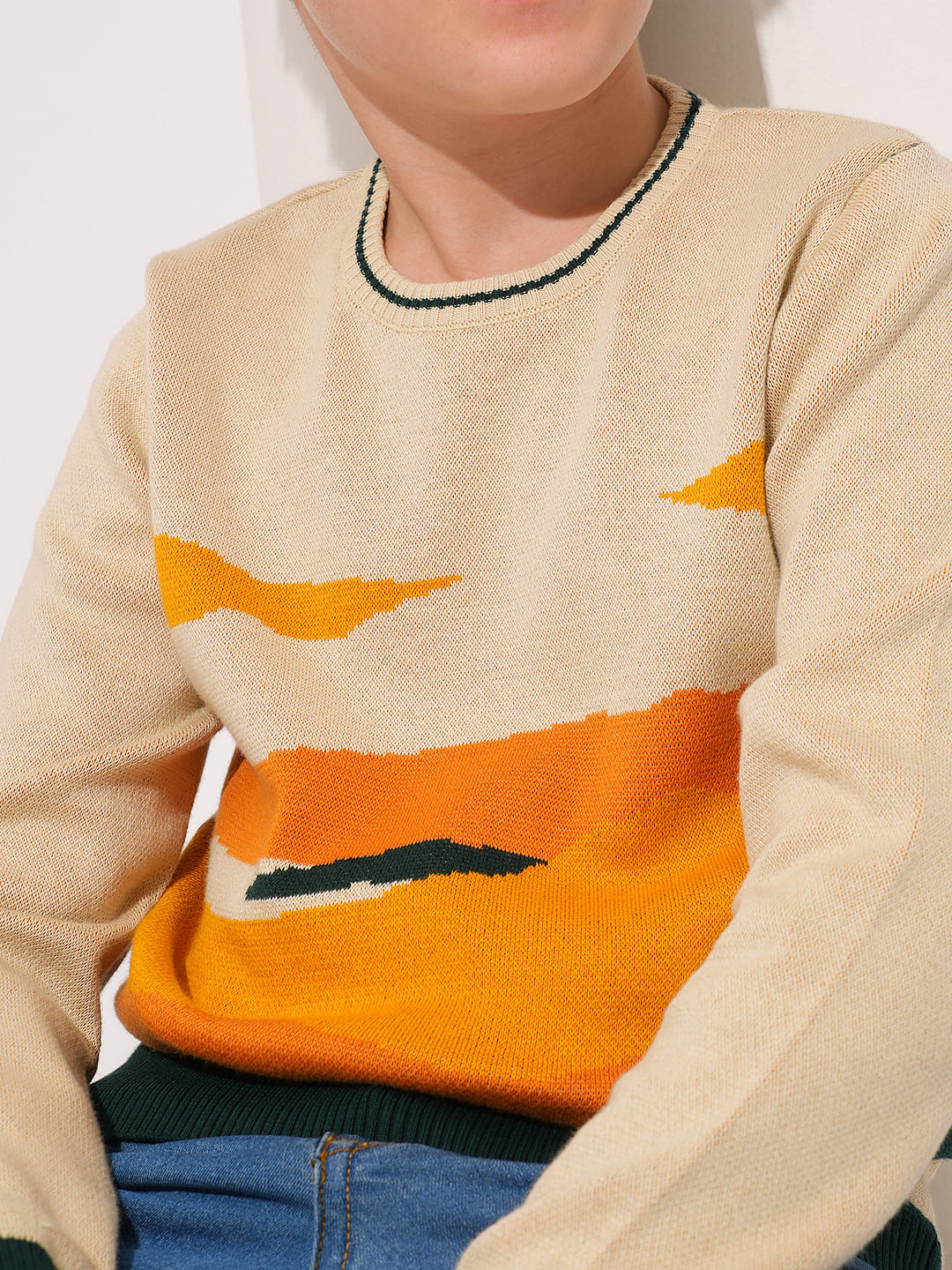 Boys Beige Printed Knitted Pullover