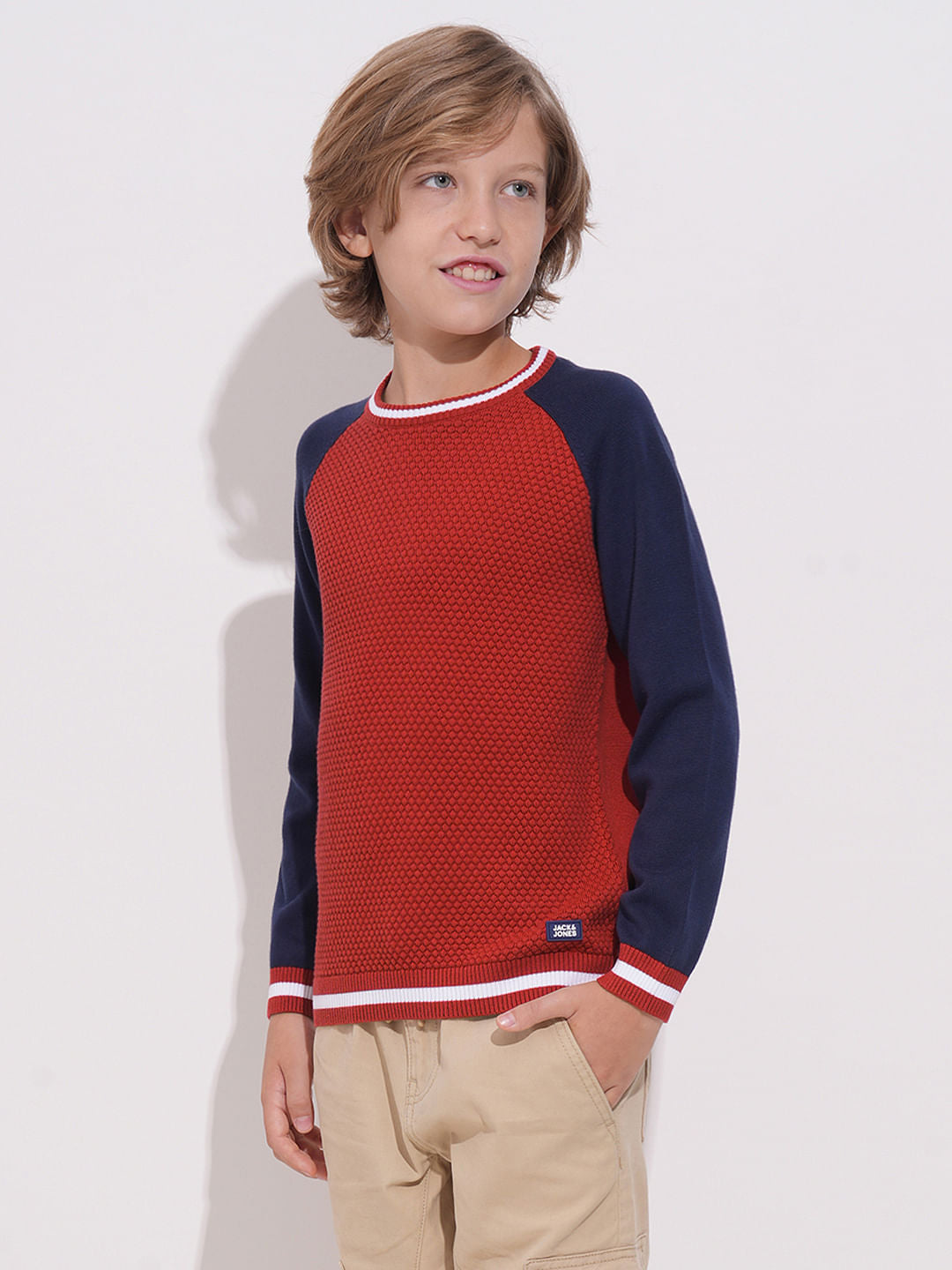 Boys Red Knitted Colourblocked Sweater