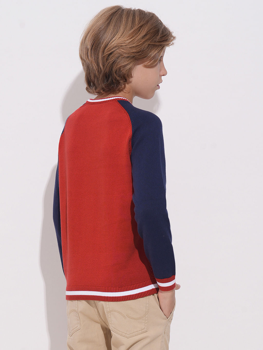 Boys Red Knitted Colourblocked Sweater