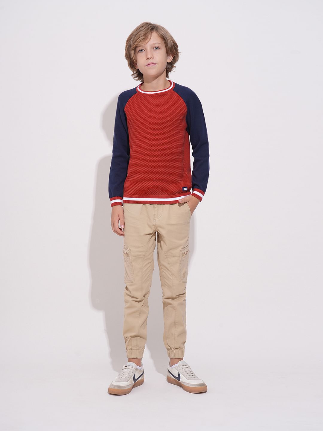 Boys Red Knitted Colourblocked Sweater