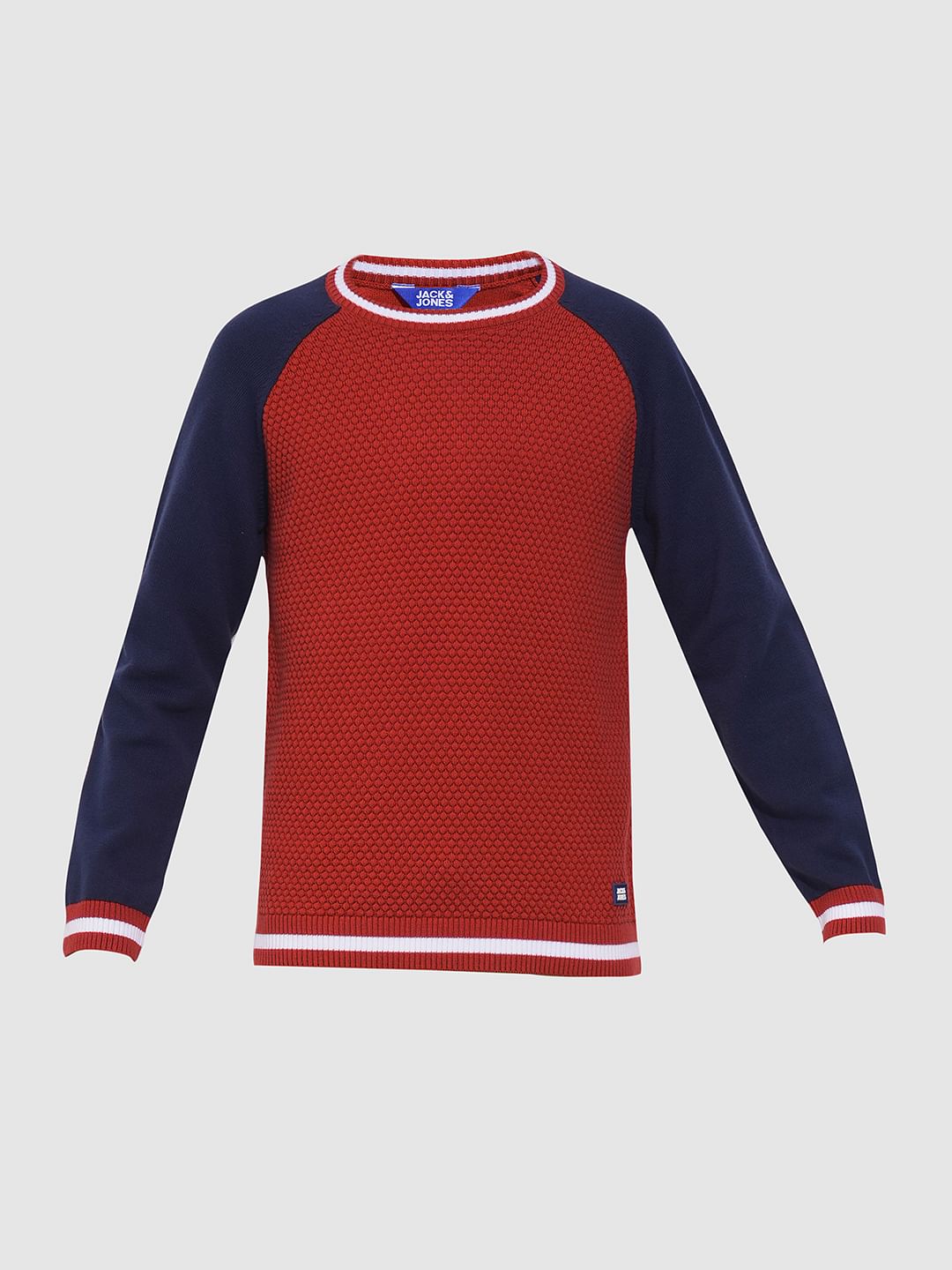 Boys Red Knitted Colourblocked Sweater