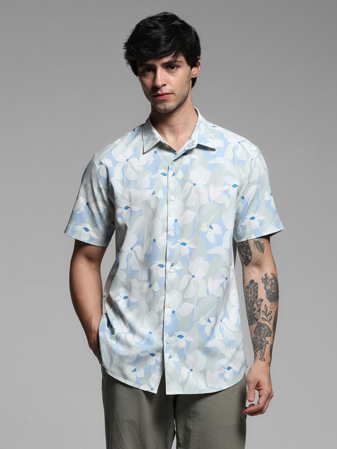 Blue Floral Short Sleeves Shirt